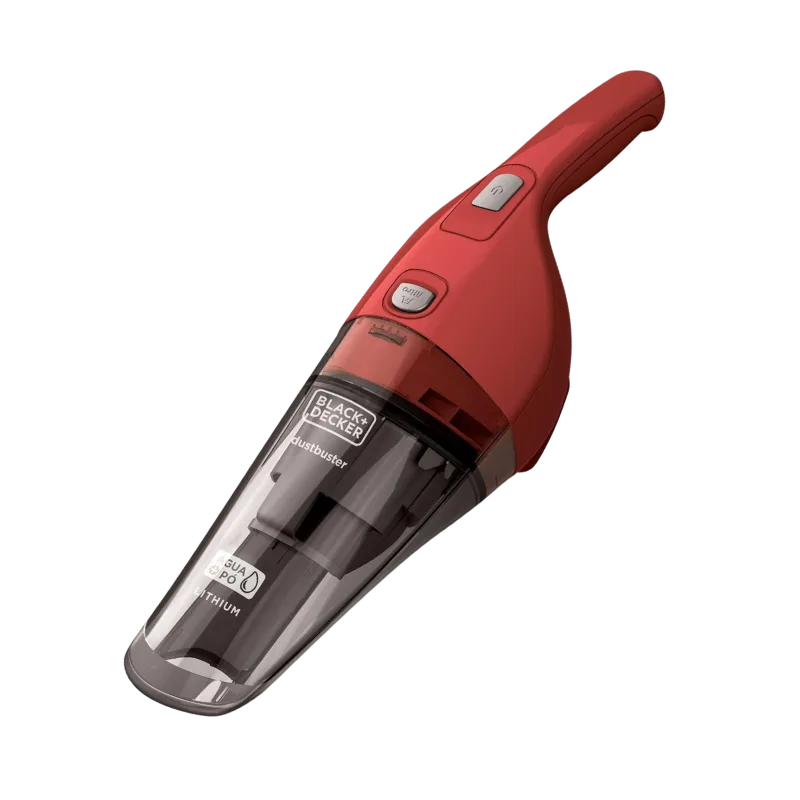 Aspirador de pó portátil Black Decker APB3600 sugando suco derramado no piso de cerâmica de uma cozinha brasileira. Aparelho com função pó e água limpando líquido acidentado rapidamente. Confira hoje