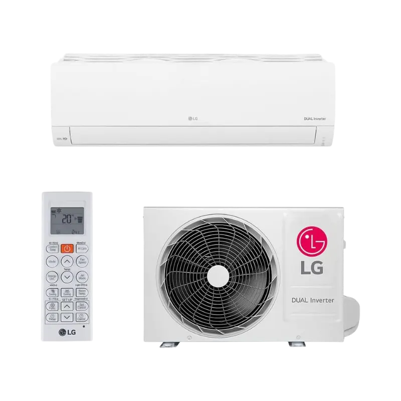 Ar-condicionado split LG Dual Inverter Voice branco instalado na parede. Avaliação do VillaCompara para o melhor ar-condicionado inverter em economia de energia com gás R-32. Confira hoje