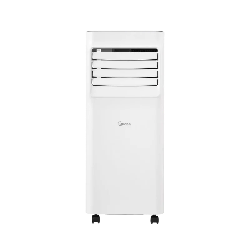 Ar-condicionado portátil Midea Conectada de 12.000 BTUs instalado num quarto alugado, com o aplicativo de celular controlando a temperatura pelo Wi-Fi. Confira hoje