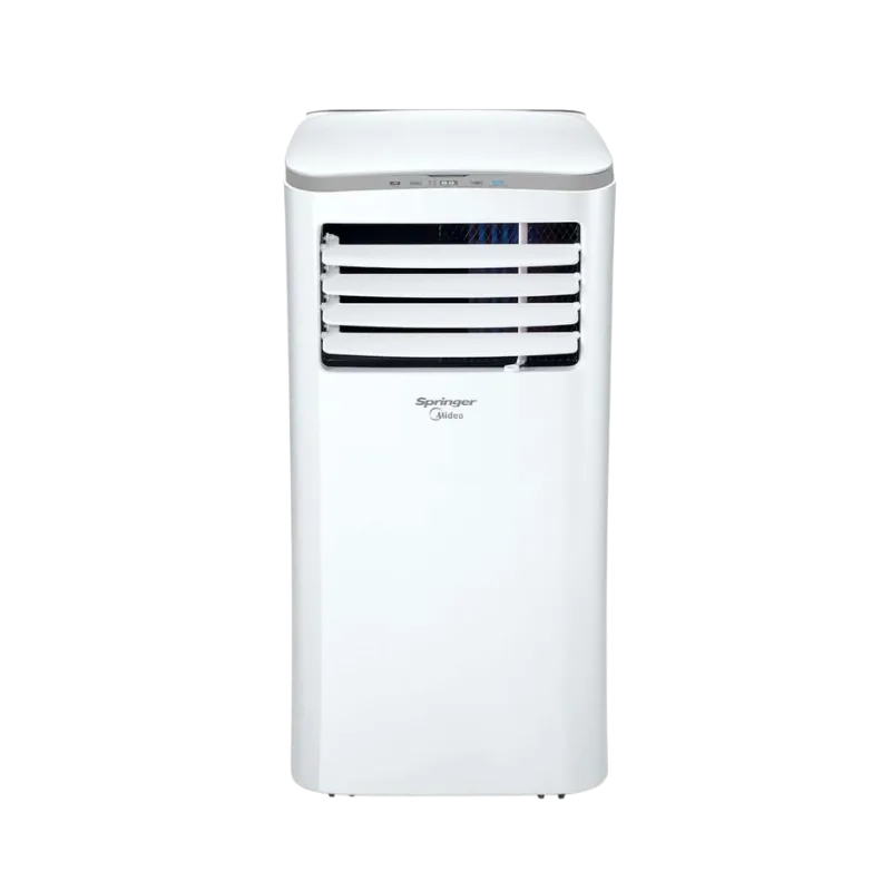 Ar-condicionado portátil Springer Midea tradicional de 12.000 BTUs num escritório em casa, destacando o seu painel robusto e a facilidade de montagem do kit janela. Confira hoje