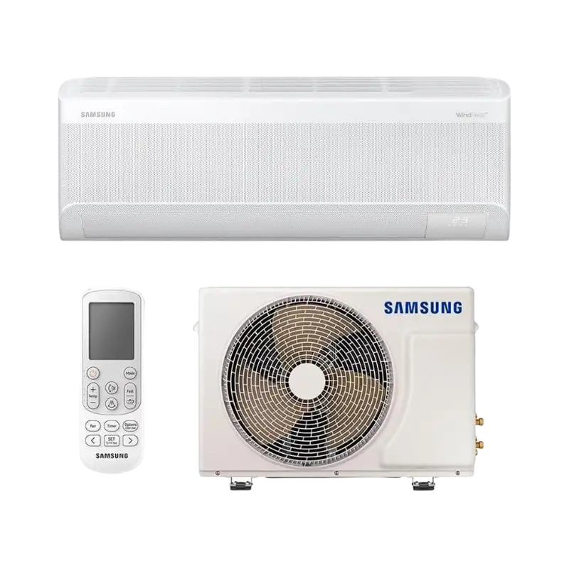 Ar-condicionado Samsung WindFree exibindo seus 23.000 microfuros na carcaça. Review do VillaCompara do melhor ar-condicionado silencioso e sem vento direto para quartos. Confira hoje