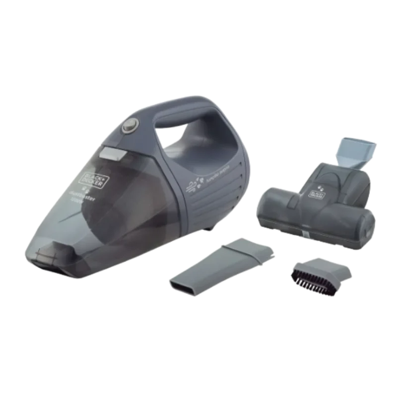 Aspirador de pó portátil Black Decker APS1200 potente com cabo de energia sendo usado para sugar sujeira pesada de um tapete grosso de sala de apartamento. Confira hoje