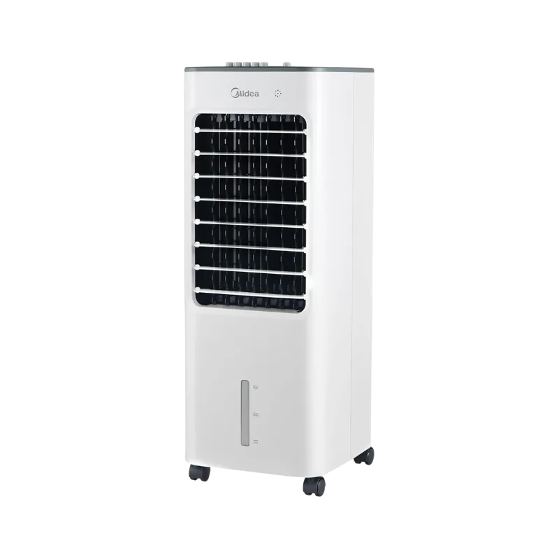 Climatizador de ar Midea ACM52 branco posicionado num quarto pequeno, representando a opção de melhor preço de entrada para aliviar o calor e a poeira. Confira hoje