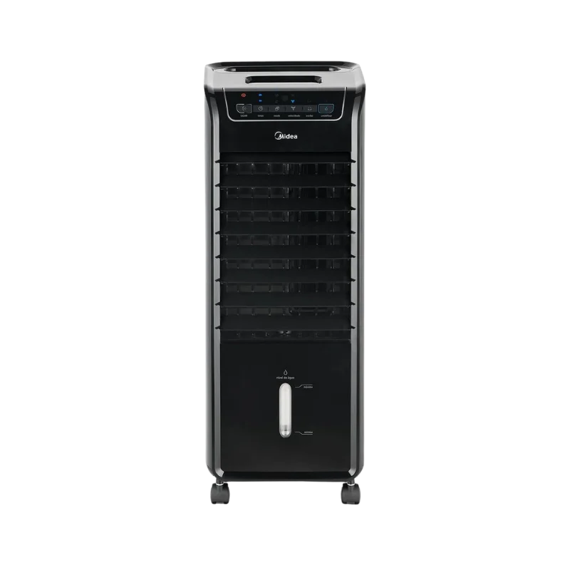 Climatizador de ar Midea AKAP2 na cor preta funcionando num escritório, combinando a hidratação do ar com o melhor design e discrição da categoria. Confira hoje