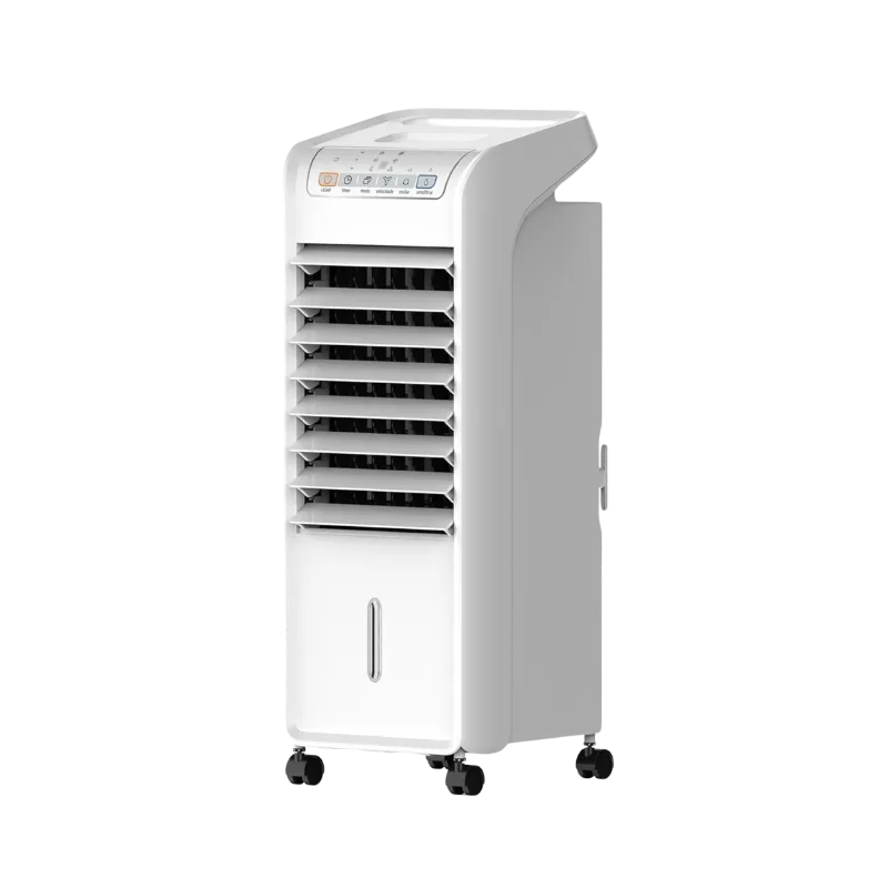 Climatizador de ar Midea AKAF branco ao lado da cama, mostrando o seu enorme reservatório de 7 litros que garante o melhor custo-benefício. Confira hoje