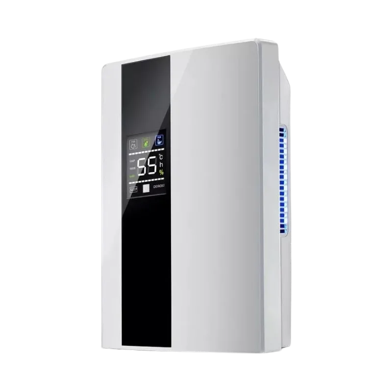 Painel digital do desumidificador elétrico Yesop sendo ativado via controle remoto para secar a umidade do quarto durante a noite. Confira hoje