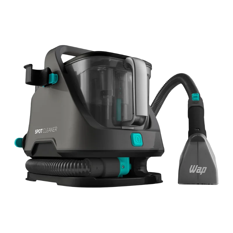 Extratora de sujeira portátil WAP Spot Cleaner W2 cinza e verde sobre estofado de carro. Máquina compacto de 1600W 3 em 1 limpando mancha local de xixi de pet em tapete de apartamento. Confira hoje
