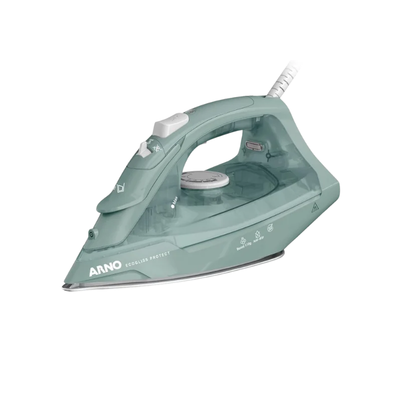 Melhor Ferro de passar a vapor Arno Ecogliss Protect com base de cerâmica e tecnologia de proteção contra brilho em roupas escuras. Confira hoje