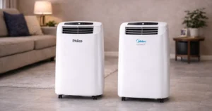 Melhor Ar-condicionado portátil moderno instalado próximo a uma janela com kit de vedação, ilustrando a solução perfeita do VillaCompara para apartamentos alugados.