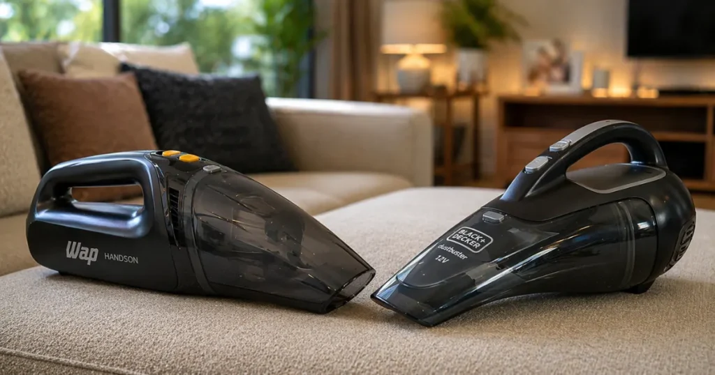 Dois aspiradores de pó portáteis sem fio em uma sala aconchegante em cim de um sofa. Melhor Aspirador de Pó Portátil
