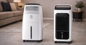 Melhor Climatizador de ar moderno no canto de uma sala, com o painel digital aceso e a caixa de gelo ativada, umidificando o ambiente durante o tempo seco.