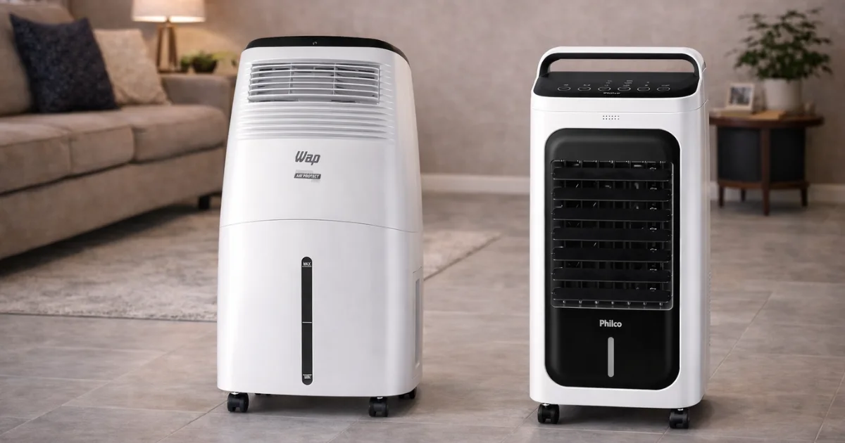 Melhor Climatizador de ar moderno no canto de uma sala, com o painel digital aceso e a caixa de gelo ativada, umidificando o ambiente durante o tempo seco.