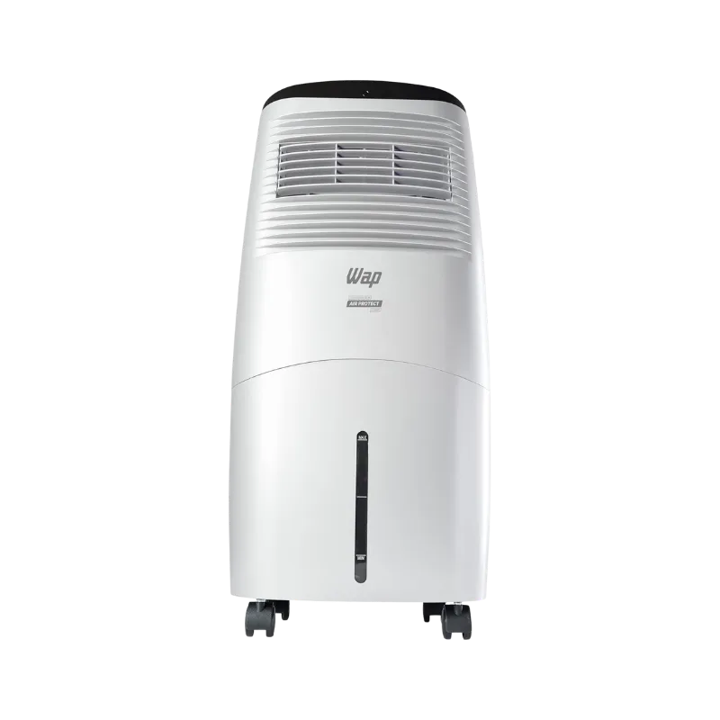 Climatizador de ar WAP Air Protect branco num quarto moderno, com o painel digital ativado umidificando o ar para aliviar a rinite.