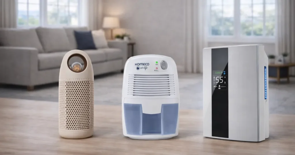 Melhor Desumidificador de ar moderno operando ao lado de um guarda-roupa aberto, protegendo jaquetas de couro contra o mofo e secando a umidade de paredes suadas no inverno.