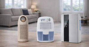 Melhor Desumidificador de ar moderno operando ao lado de um guarda-roupa aberto, protegendo jaquetas de couro contra o mofo e secando a umidade de paredes suadas no inverno.