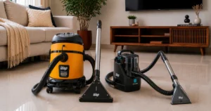 Bocal de máquina de lavar sofá sugando água escura e encardida de um estofado de tecido. Pessoa realizando limpeza profunda usando a melhor extratora de sujeira para estofados em um apartamento ou uma casa brasileira.