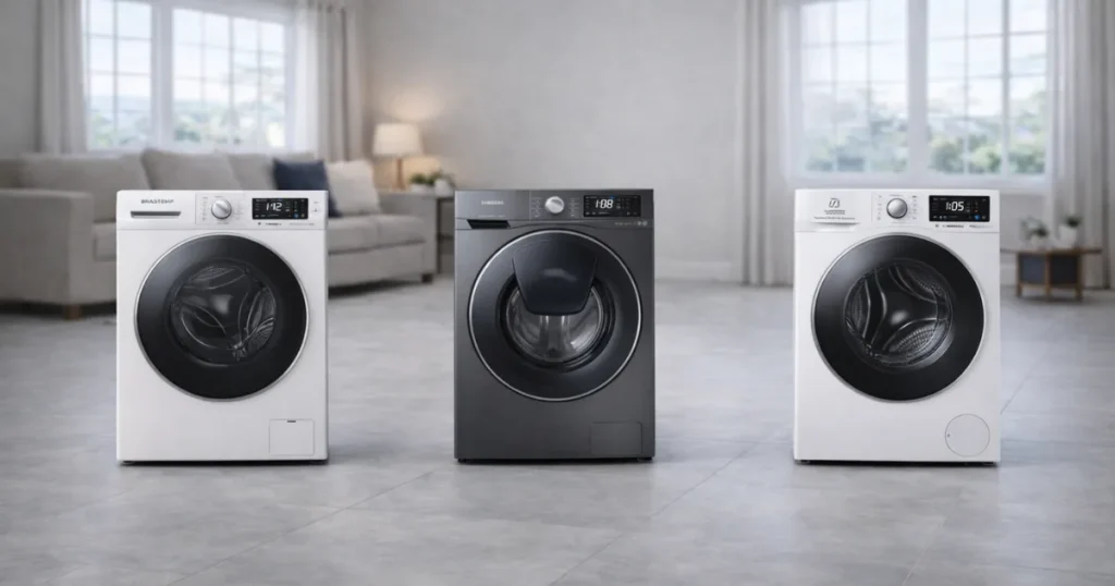 Painel digital iluminado de uma melhor lava e seca com tecnologia Inverter e sensores smart sendo programada para não encolher roupas de tecidos delicados.