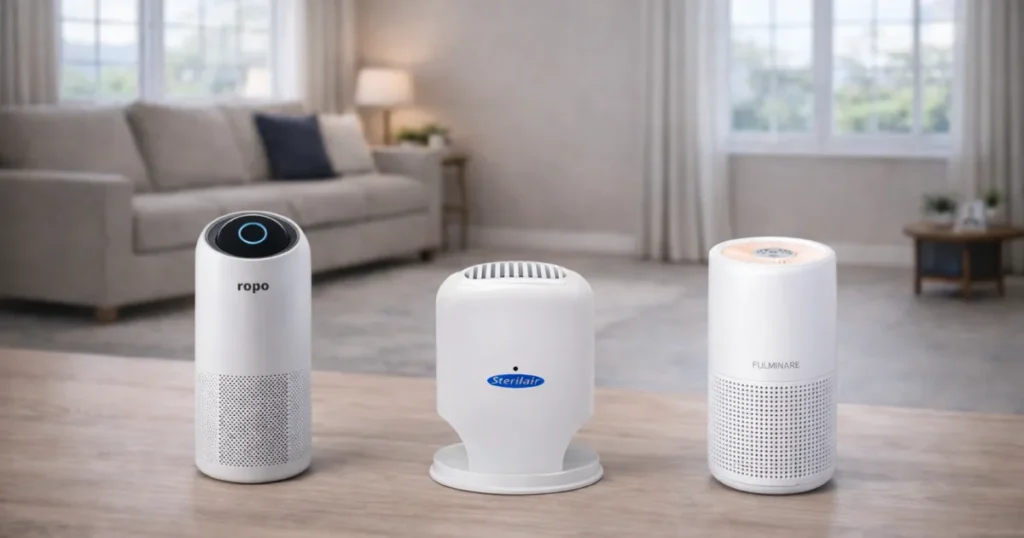 Melhor Purificador de ar moderno com filtro HEPA operando em uma sala de estar, eliminando ácaros da rinite, cheiro de pets e esporos de mofo do ambiente.