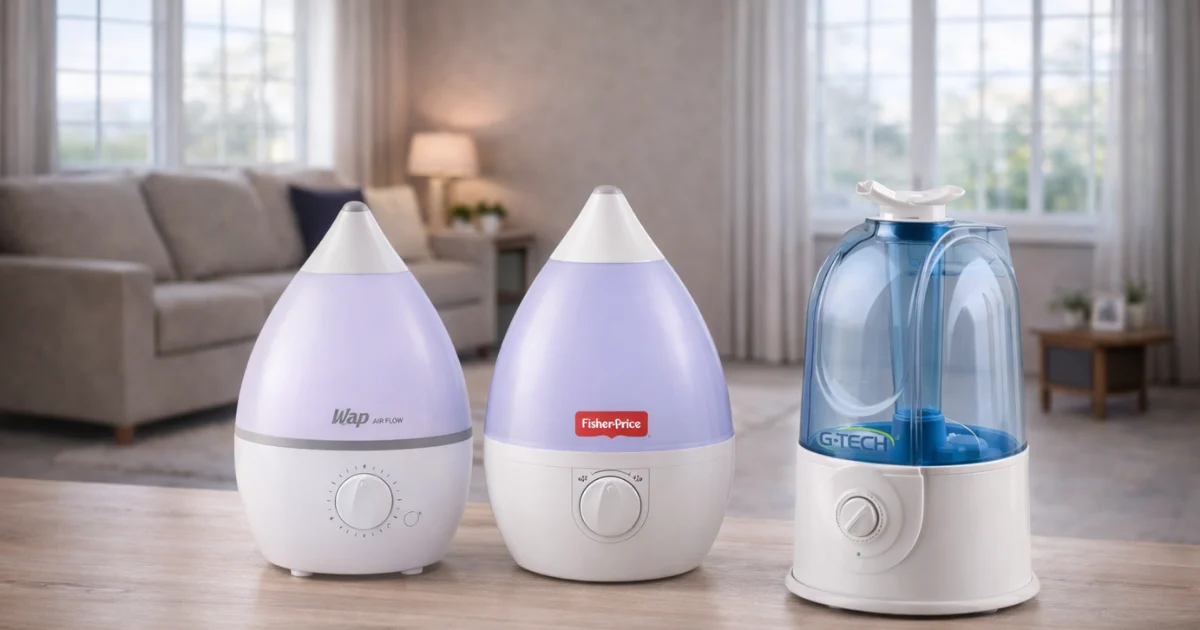 Melhor Umidificador de ar ultrassônico silencioso soltando uma névoa fina ao lado da cama em um quarto de bebê, focado no alívio da rinite e na proteção contra o tempo seco.
