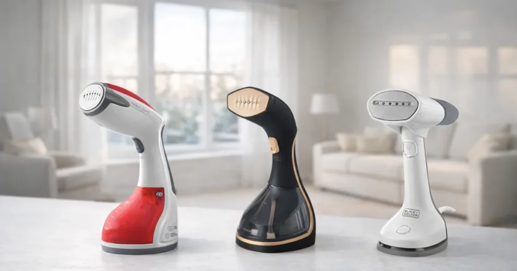 Pessoa desamassando uma camisa social no cabide utilizando o melhor vaporizador de roupas portátil com fluxo de vapor contínuo.