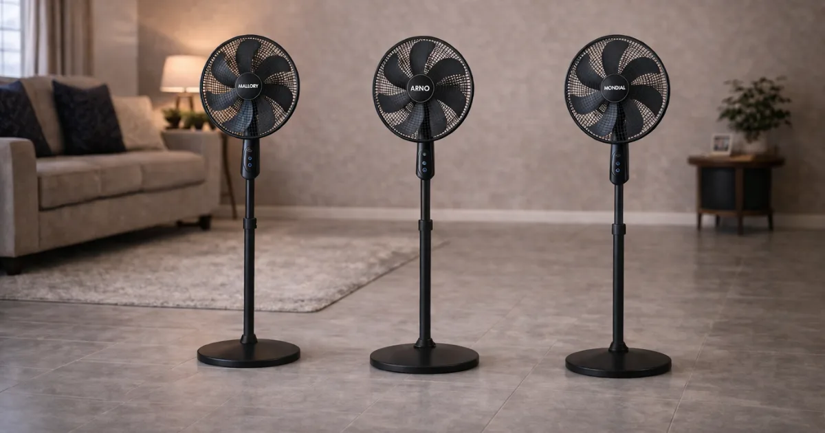 Melhor ventilador de coluna moderno com 7 pás ligado no canto de um quarto, demonstrando vazão de ar forte e silêncio absoluto durante a noite.